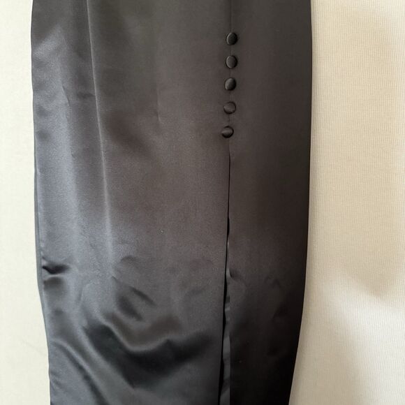 Vintage ALEX EVENINGS Midi Skirt 12P Black Straight Pencil Satin Side Buttons - Picture 3 of 11